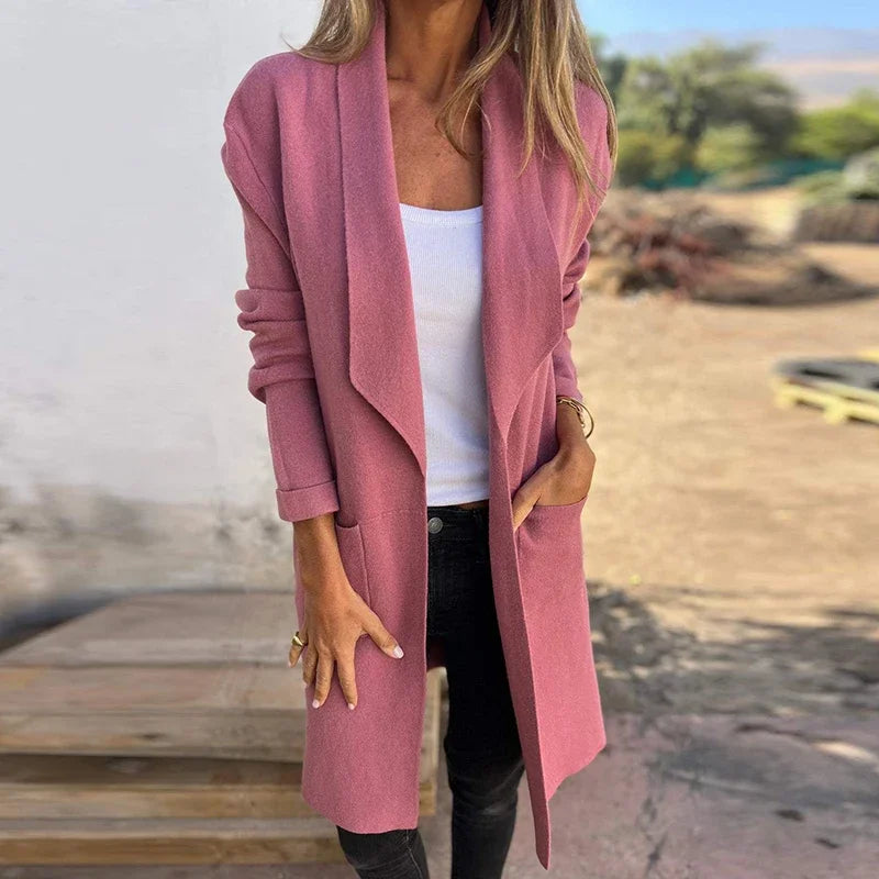 Street-wave Solid Mid Length Cardigan For Women Elegant Cozy Knit Coat With Soft Comfort