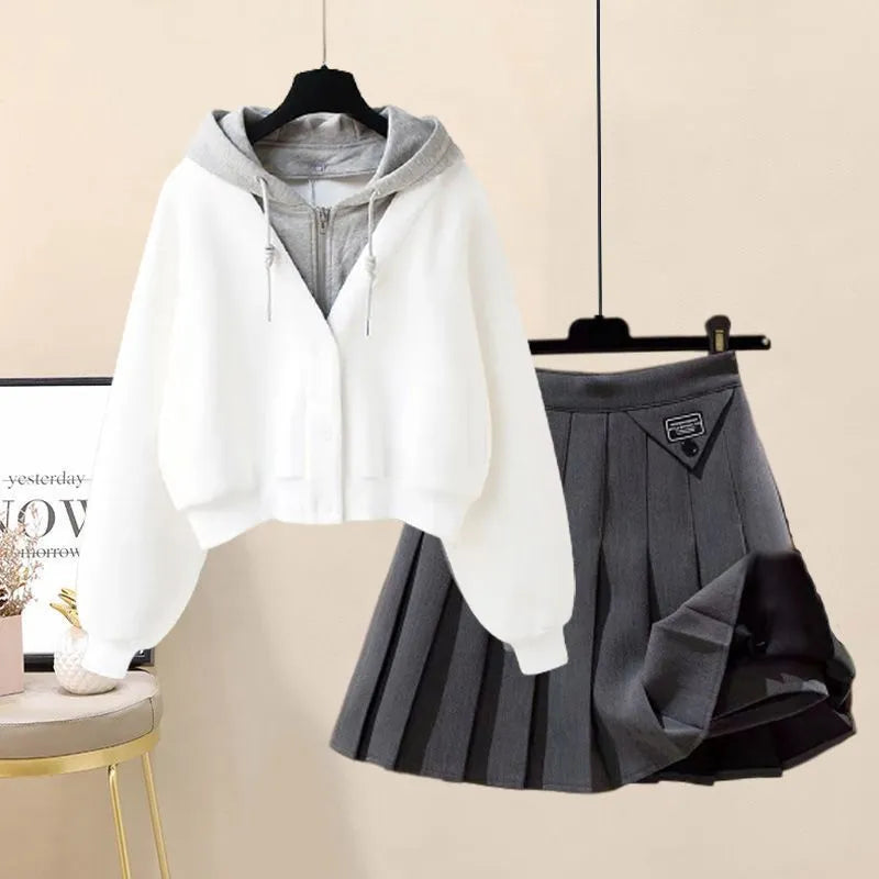Rodreck Elegant Two Piece Women's Skirt Set With Matching Top Pleated Gray Midi Versatile