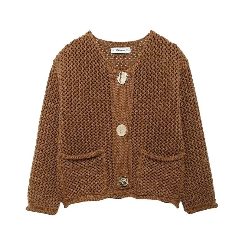 Street-wave Mesh Knit Cardigan With Front Pockets Gold Buttons Airy Chic Layer For Women
