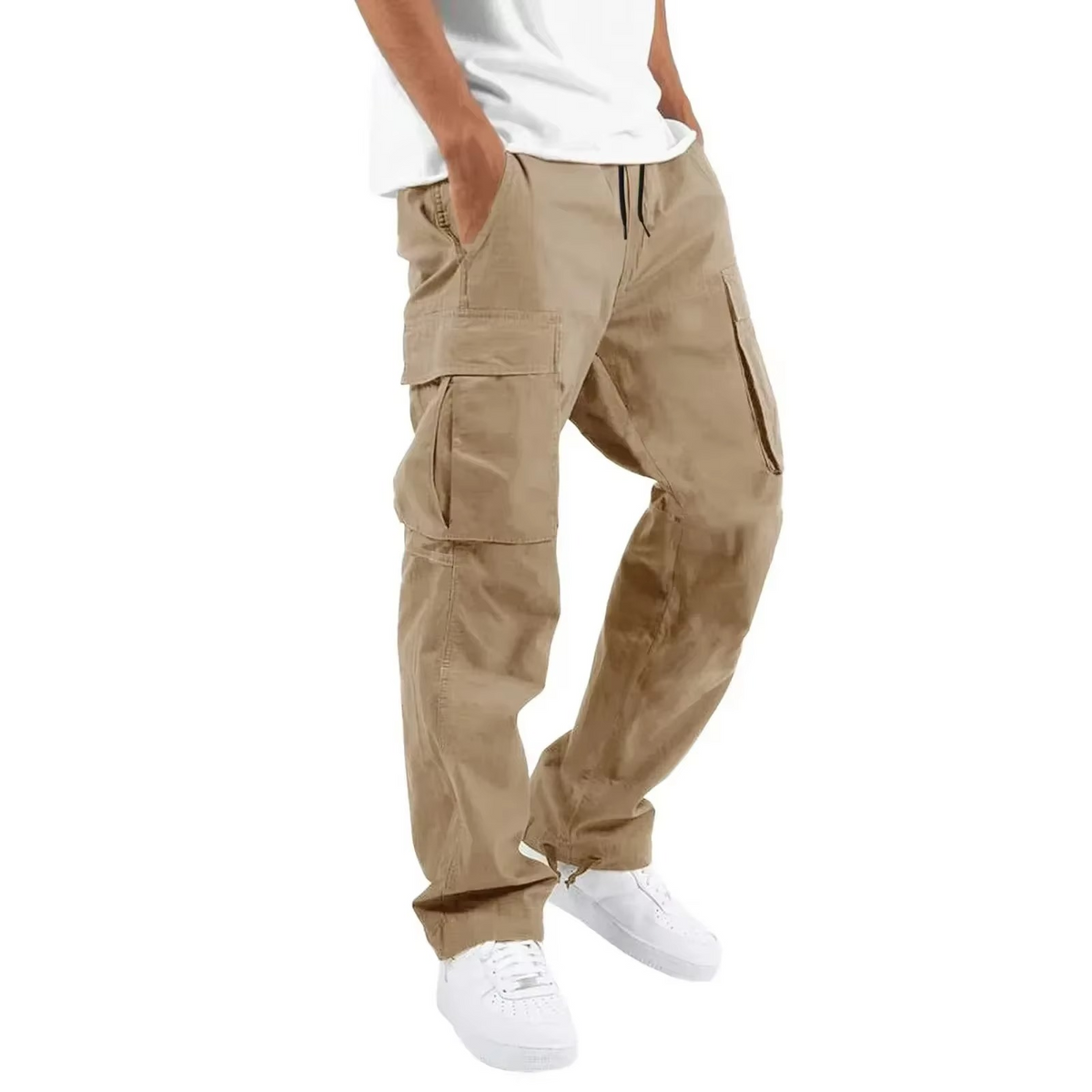 2025 Men's Solid Cargo Pants With Multi Pocket Design And Adjustable Drawstring For Everyday Comfort