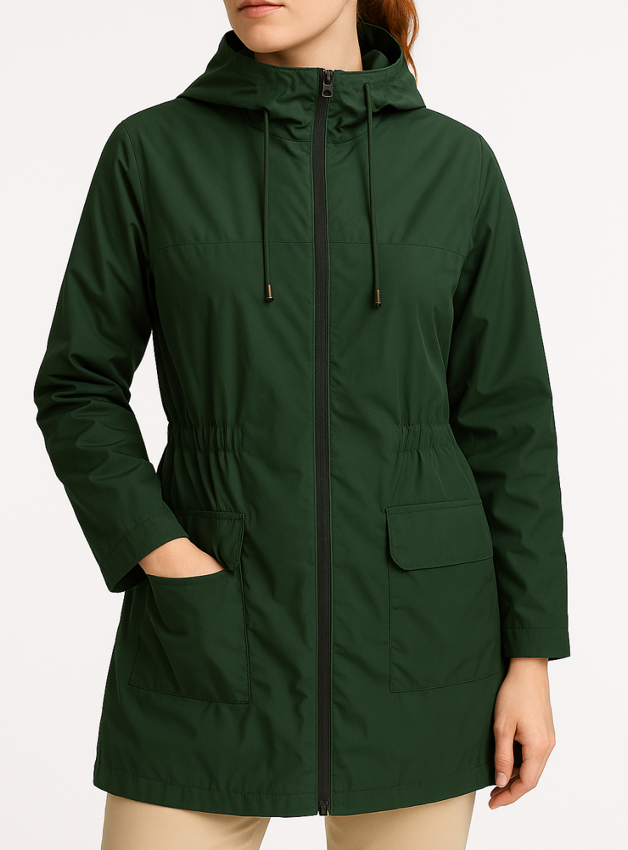 Street-Wave Women's Elegant Rain Jacket With Hood And Cinched Waist For Modern Dry Protection