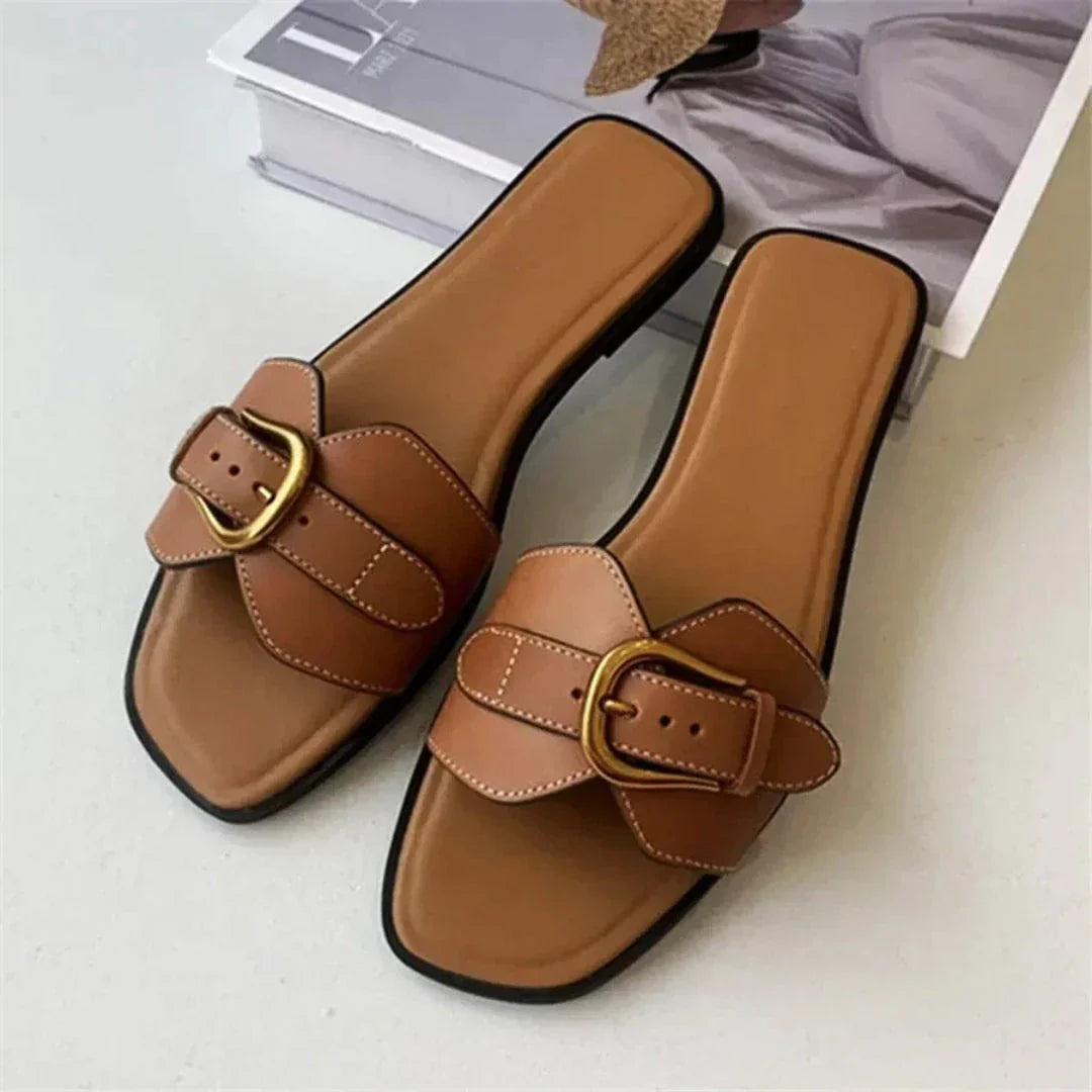 Buckle Square Toe Flat Sandals Savannah By Waylynn For Women All Day Comfort