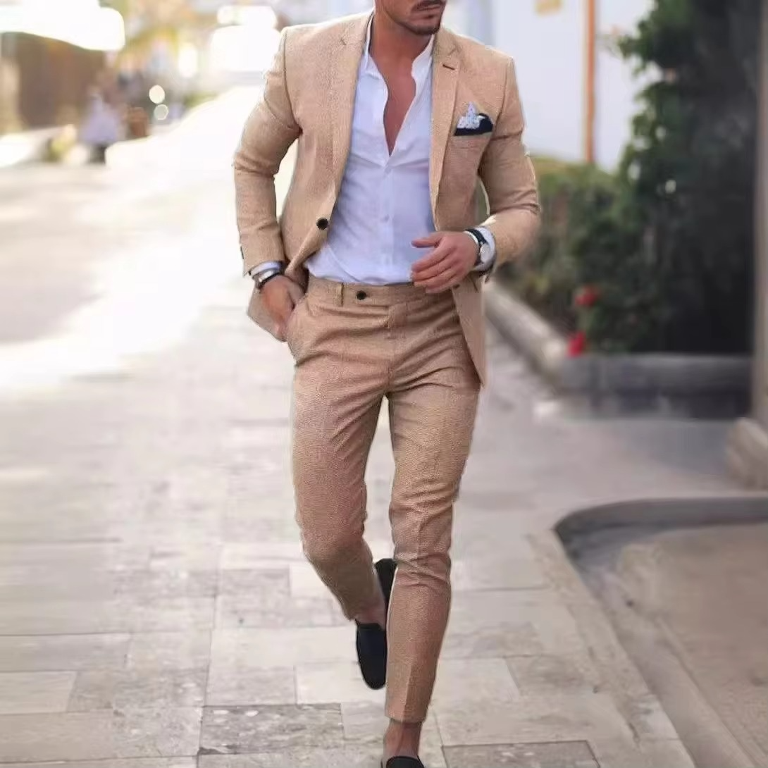 Street-Wave Men's Breathable Linen Two Piece Blazer And Pants Suit Set For Weddings Beach Parties Summer Events