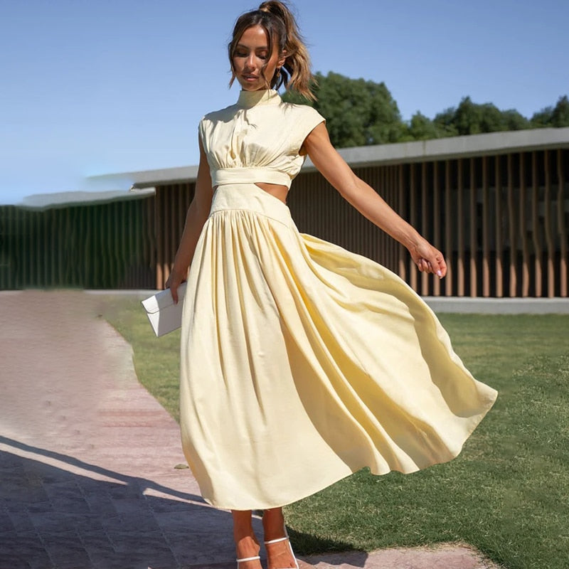 Streetwave Green Pleated Cutout Maxi Dress For Women With Elegant High Neck And Flowing Skirt