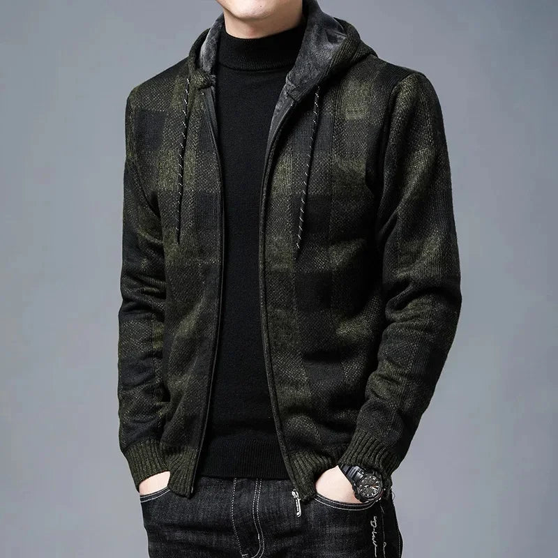 Street-wave Men Hooded Zip Jacket In Plaid Knit Cozy Comfort Versatile Everyday Wear