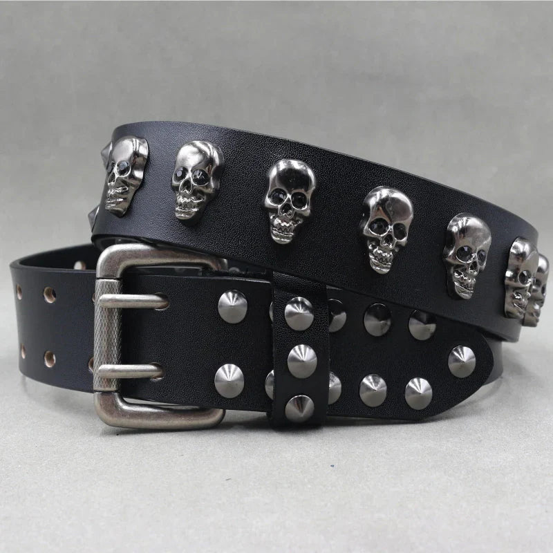 Street-Wave Rebel Noir Skull Studded Leather Belt For Men With Adjustable Buckle And Silver Stud Accents
