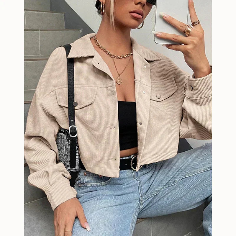 Street-Wave Corduroy Cropped Jacket For Women Effortless Comfort And Chic Versatility