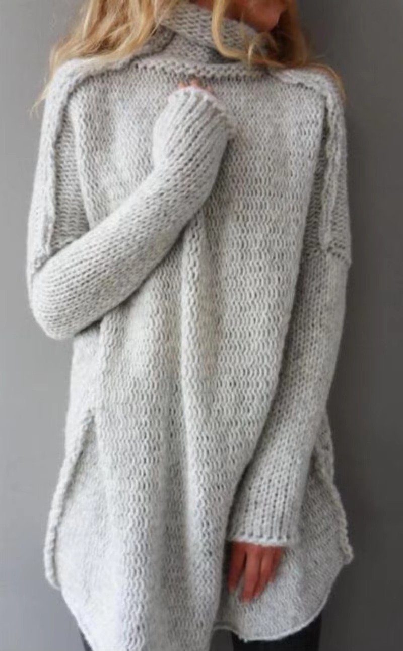 Women's Grey Pile Collar Sweater Pullover — Long Sleeve Autumn Top