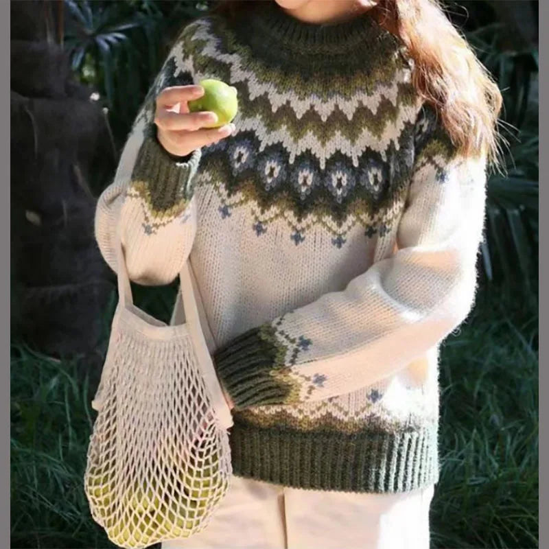 Street-Wave Cozy Patterned Knit Sweater For Women Warm Soft Pullover With Nordic Print And Cozy Fit