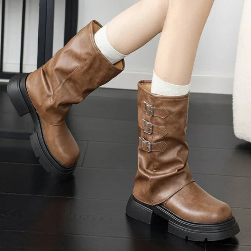 Streetwave Womens Chunky Heel Biker Boots With Straps For Everyday Style Durable Comfort
