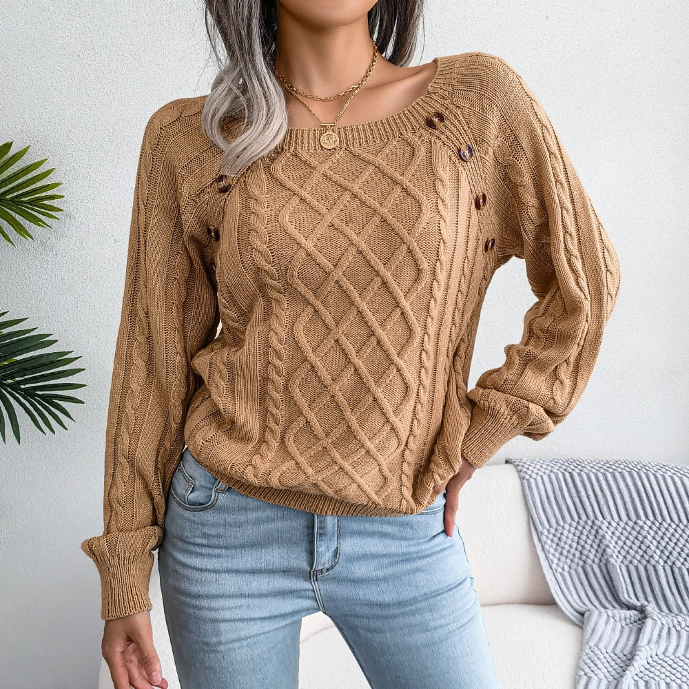 Cable Knit Sweater For Women By Street Wave Cozy All Day Comfort With Button Shoulder Detail
