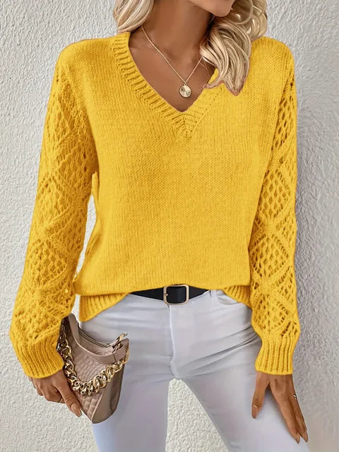 Streetwave V Neck Knit Sweater With Lace Sleeve Detailing For Women All Season Cozy