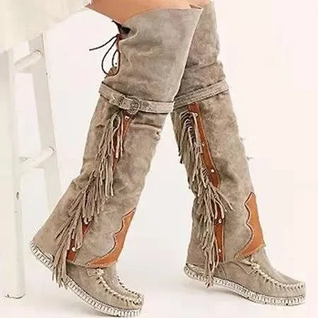 Street-wave Knee High Boots With Fringe And Adjustable Shaft Details For Fashionable Women