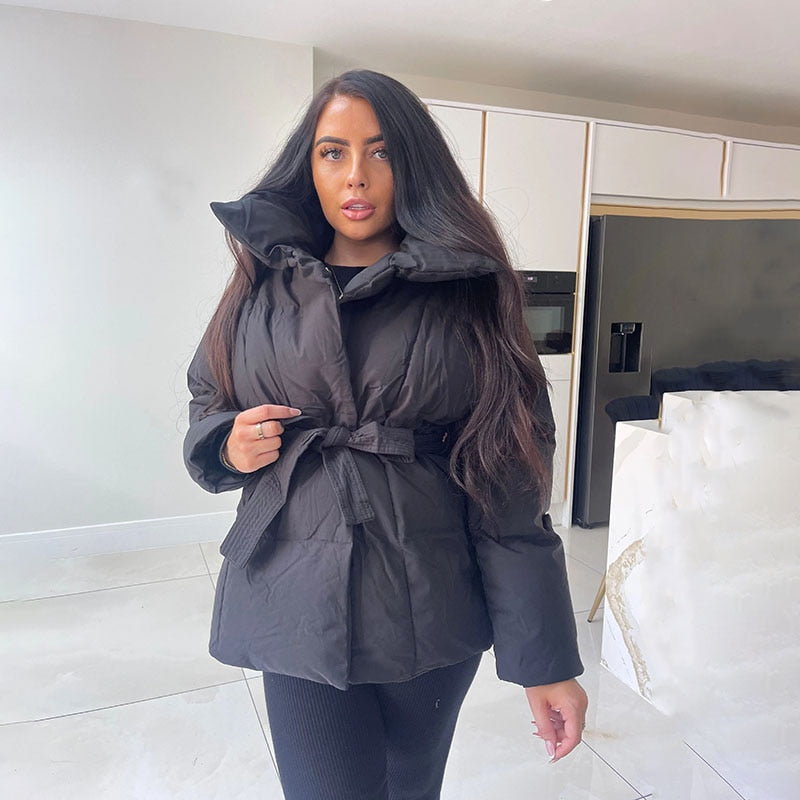 Street-Wave Belted Puffer Coat For Women Warm Cozy Winter Outerwear With Waist Belt