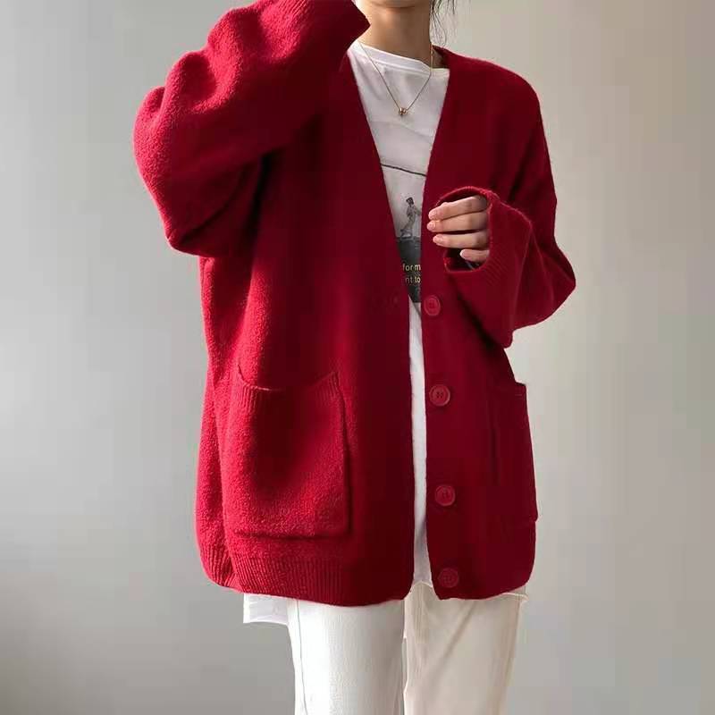 Street-wave Black Cardigan For Women Oversized Cozy Knit With Button Front Streetwear Essential