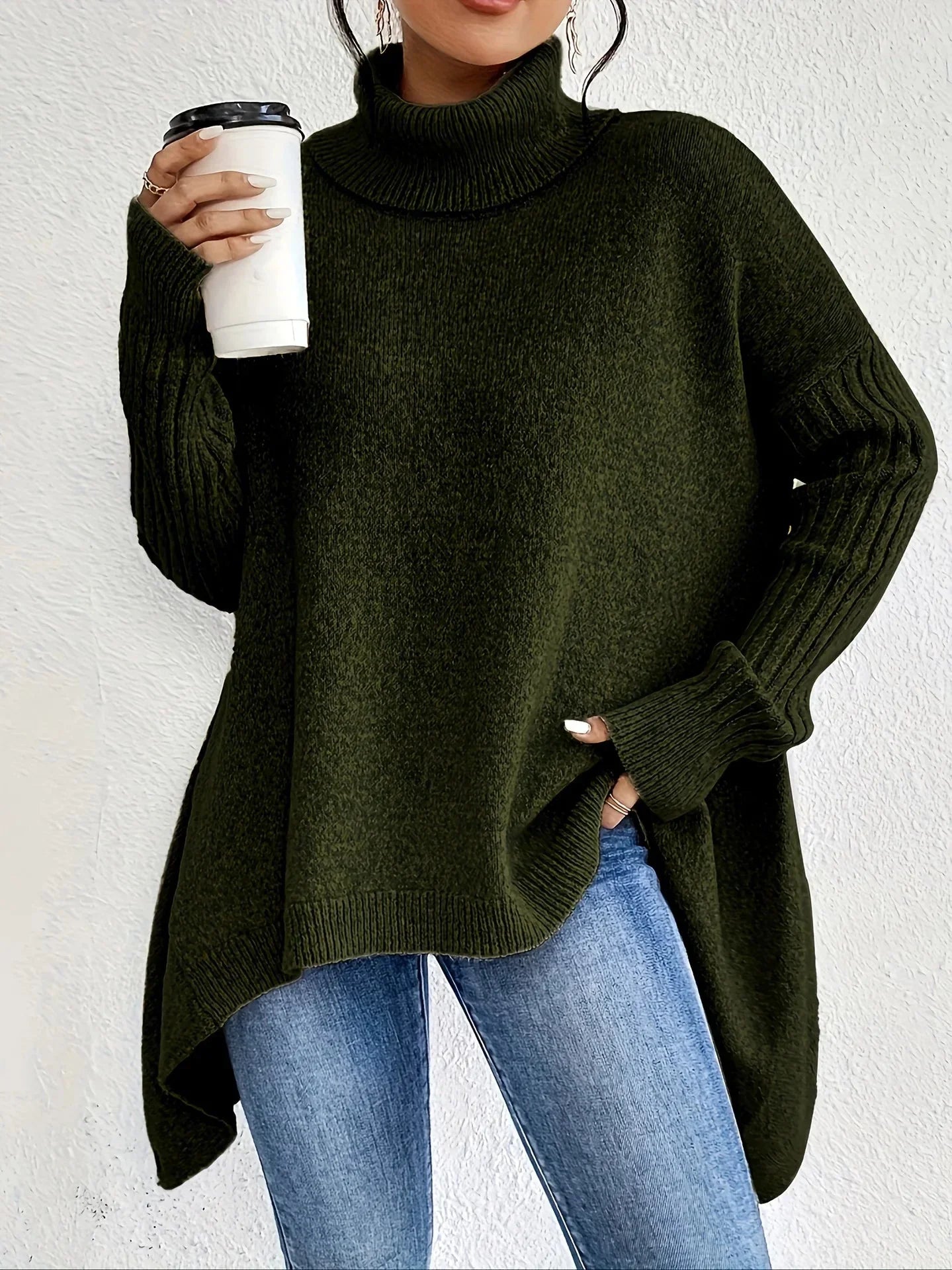 Street-Wave Turtleneck Sweater For Women Cozy Relaxed Fit Asymmetrical Hem
