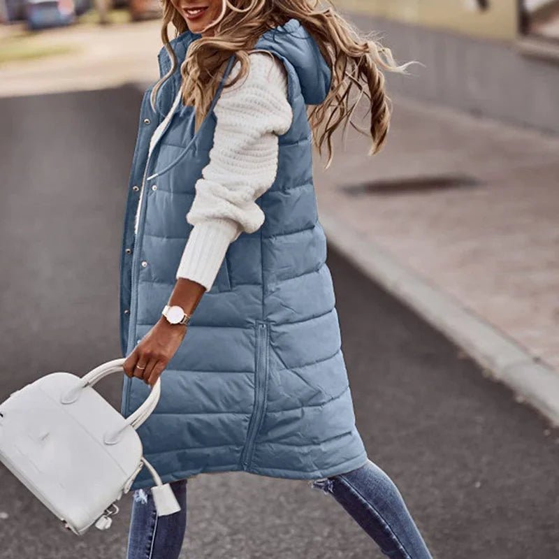 Streetwave Puffer Vest With Hood For Women Cozy Warm Longline Polyester Coat Trendy