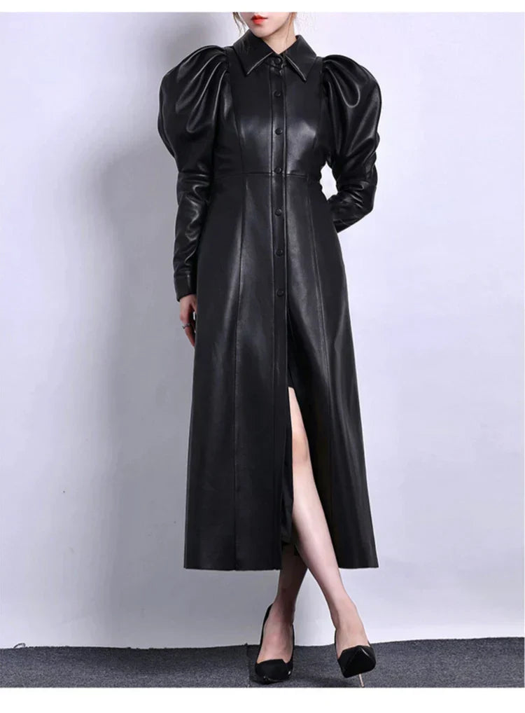 Street-wave PU Leather Coat With Puff Sleeves, Long Maxi Fit, Functional Pockets, For Women