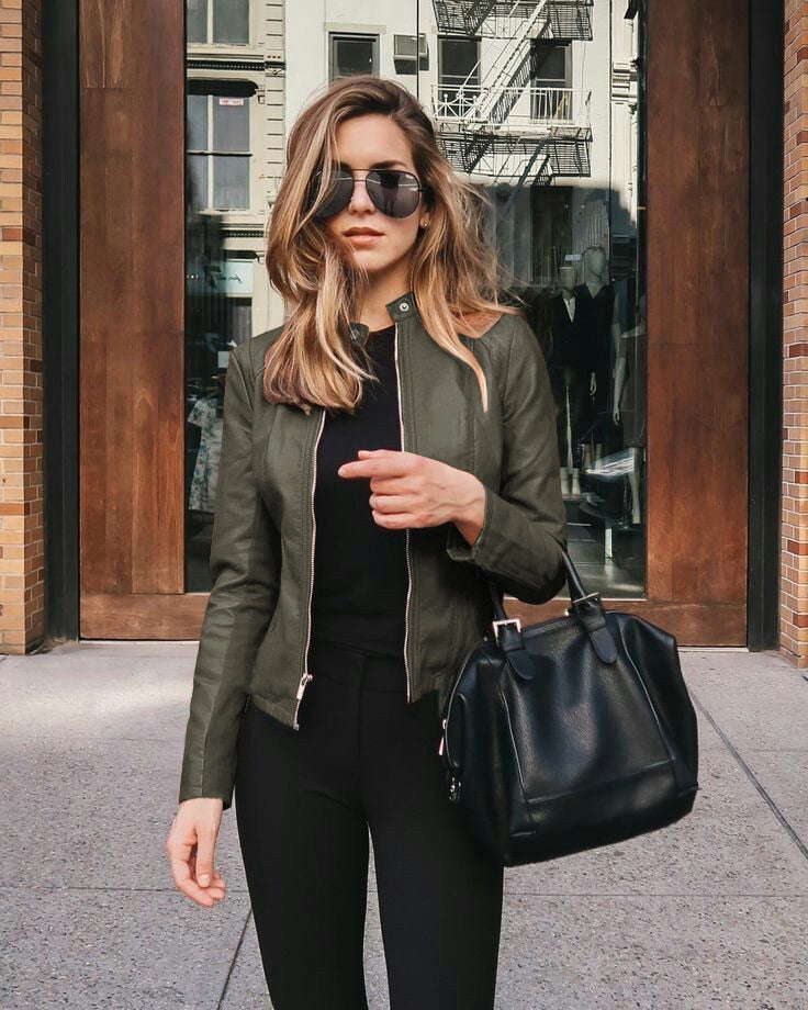 Street-wave Women Slim Fit Leather Jacket With Stand Collar For Urban Chic Minimalist Style