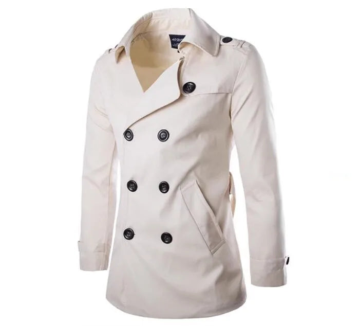 Mens Slim Fit Trench Coat Mid Length Double Breasted Street Wave