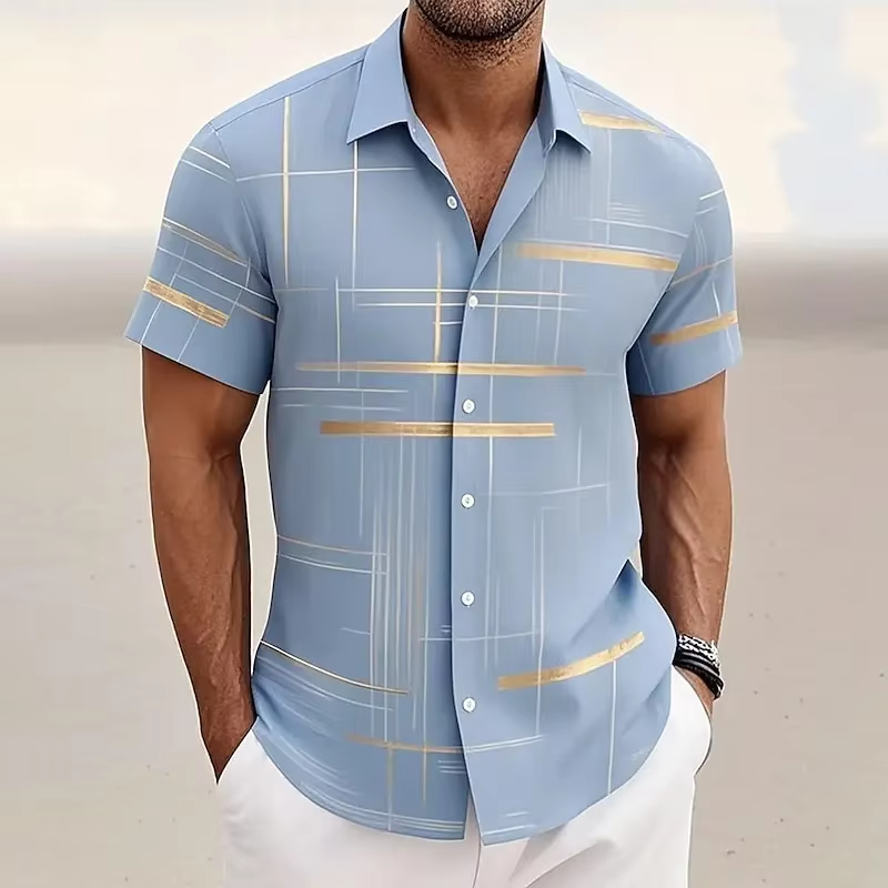 Street-Wave Men's 3D Geometric Plaid Short Sleeve Button Down Shirt For Modern Casual Style