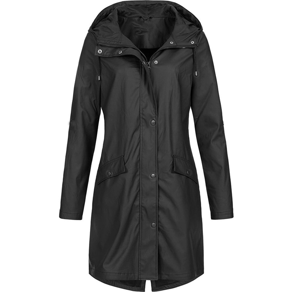 Street-wave Womens Hooded Raincoat With Zipper And Buttons Lightweight Autumn Winter Outerwear For Everyday