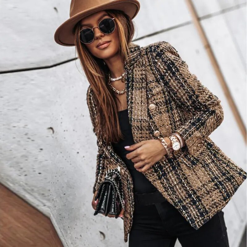Street-wave Plaid Blazer For Women Warm Cozy Luxury With Textured Tweed Look And Timeless Style