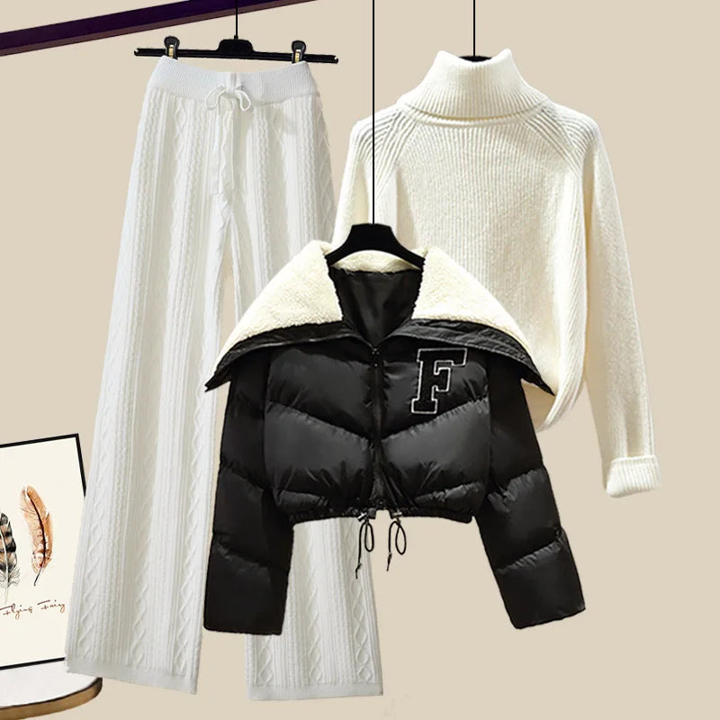 Street-Wave Winter Outfit Set For Women Cozy Puffer Jacket And Knitwear Ensemble For Warmth And Style