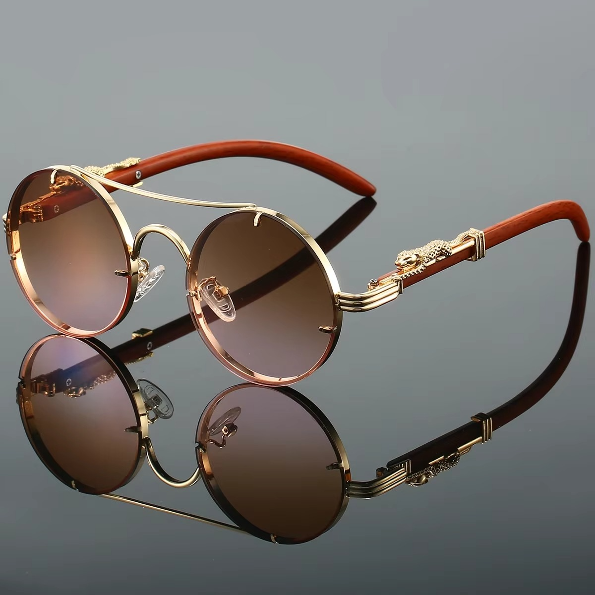 Vintage Round Sunglasses With Double Bridge Unisex Gold Tone Frame Red Tinted Lenses By Street-Wave