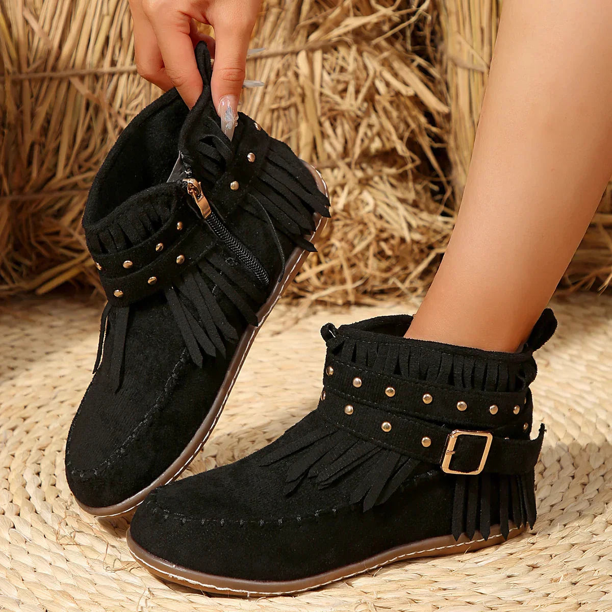 Streetwave Retro Faux Suede Fringe Buckle Cowboy Ankle Boots for Women Western Chic