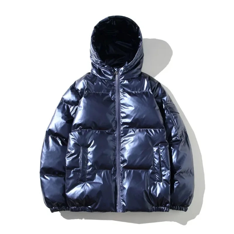 Street-wave Women Puffer Jacket Hooded Cozy Warmth With Modern Metallic Silver Finish