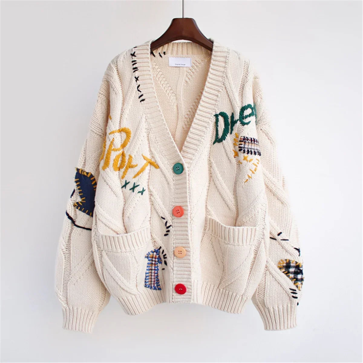 Streetwave Patchwork Embroidered Knit Cardigan For Women With Colorful Buttons And Cozy Comfort