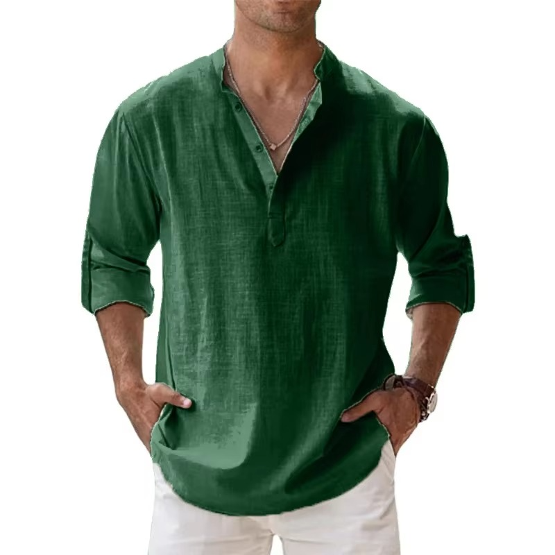 Street-Wave Lightweight Cotton Linen Henley Shirt For Men Long Sleeve Beachwear Casual Summer Essential