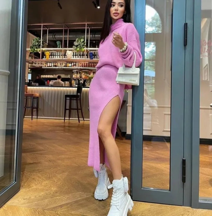 Street-wave Luxury Knit Sweater Set With Turtleneck And Slit Skirt For Chic Women