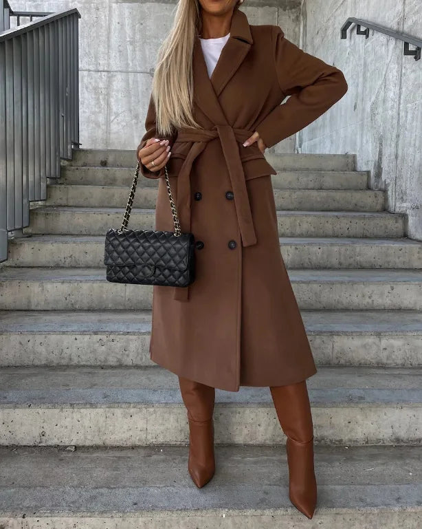Street-wave Tailored Wool Coat With Belt For Women Double Button Luxury Silhouette