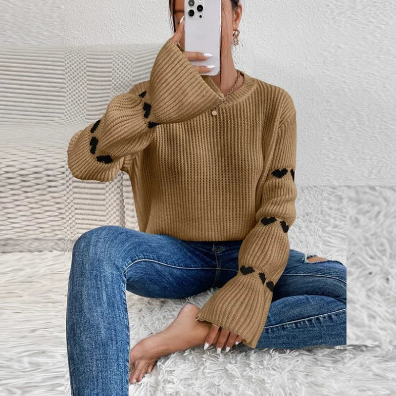 Mandy Knit Sweater By Street-Wave Elegant Cozy Heart Pattern Sleeve Pullover For Women Everyday