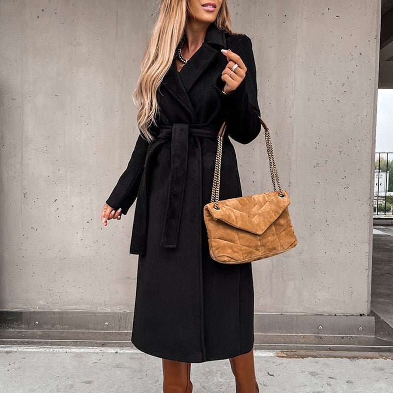 Street-wave Elegant Long Belted Coat For Women, Chic Trench Style With Slim Belt, Tailored Fall Wardrobe Essential