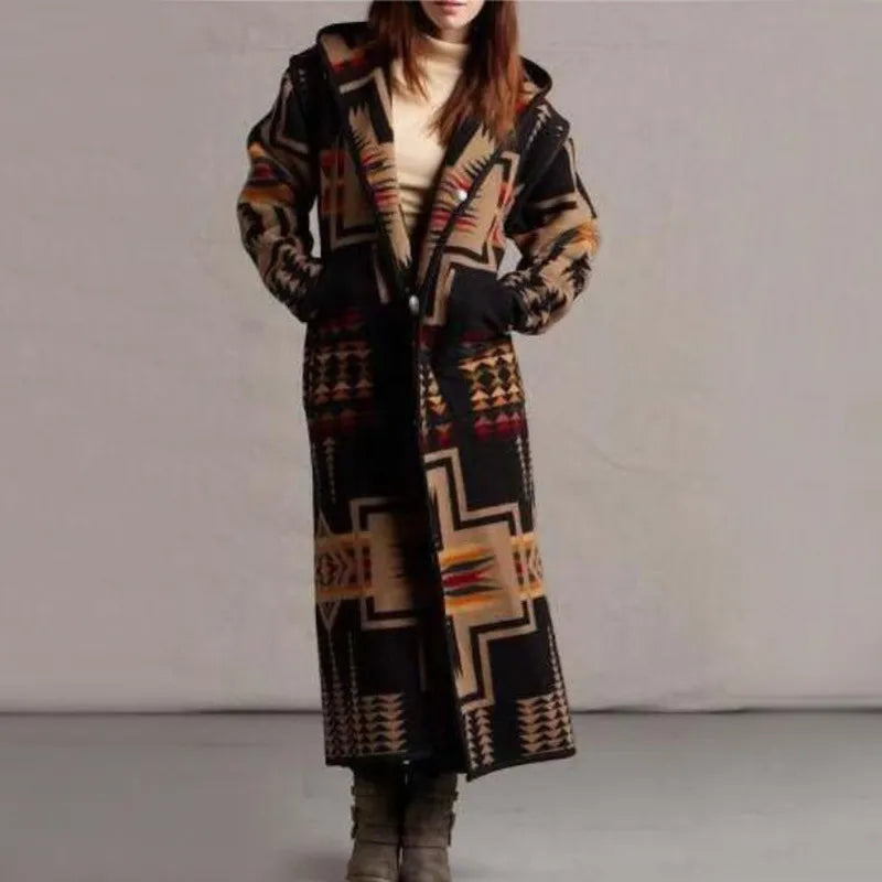 Street Wave Ethnic Long Coat For Women Cozy Warmth With Bold Geometric Pattern Outerwear