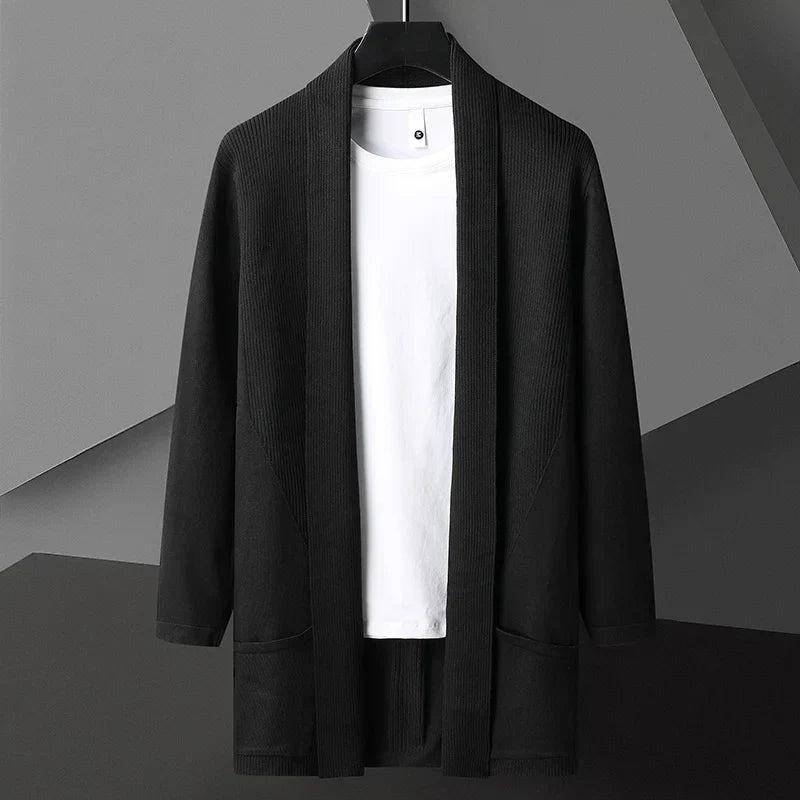 Hollen Lightweight Long Drape Cardigan For Men In Matte Cotton Linen Blend Open Front With Hidden Pockets
