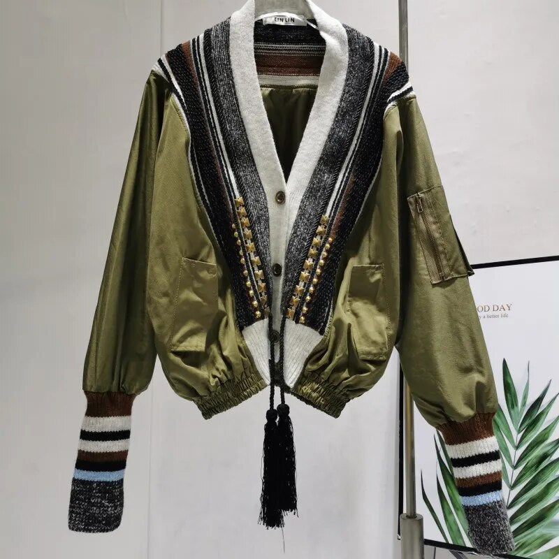 Street-wave Patchwork Bomber Jacket For Streetwear Lovers Durable Polyester With Tassel Drawstring Hem