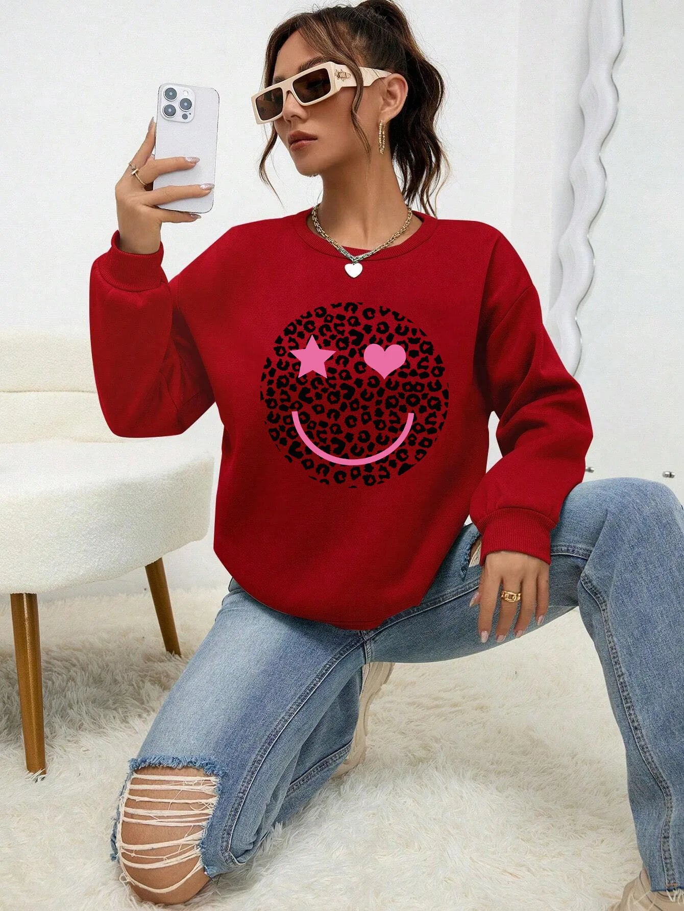 Street-wave Leopard Print Sweatshirt For Women Cotton Blend Comfortable Trendy Everyday Wear