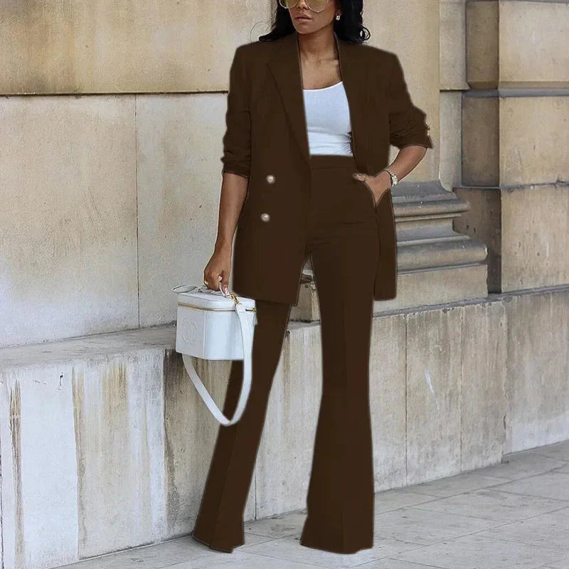 Street-Wave Double-Breasted Blazer Flared Trousers Women