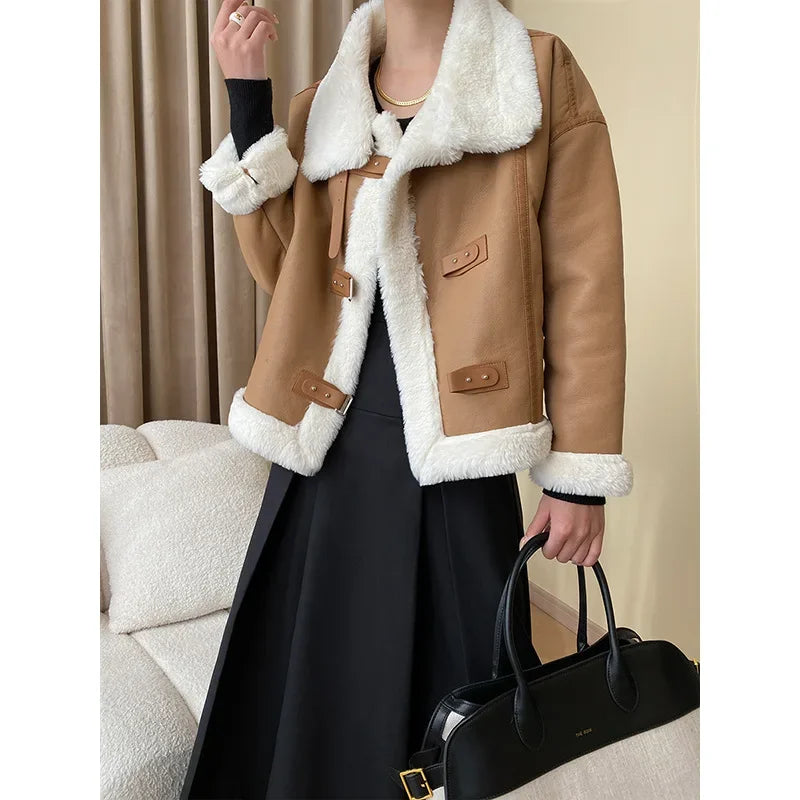 Street-Wave Shearling Fur Trim Jacket Warmth And Style For Women In Cold Weather