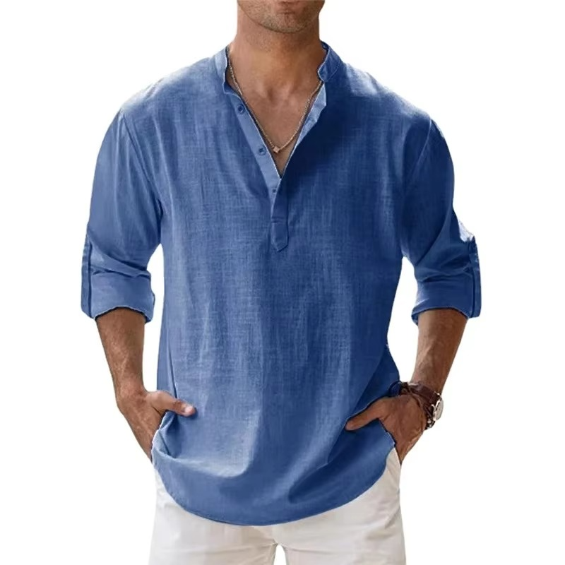 Street-Wave Lightweight Cotton Linen Henley Shirt For Men Long Sleeve Beachwear Casual Summer Essential
