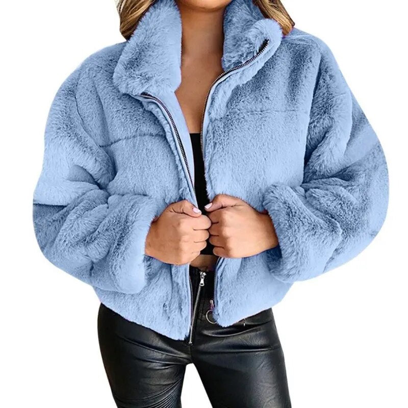 Street Wave Faux Fur Jacket For Women Oversized Cozy Warm High Collar Full Zip Streetwear Essential