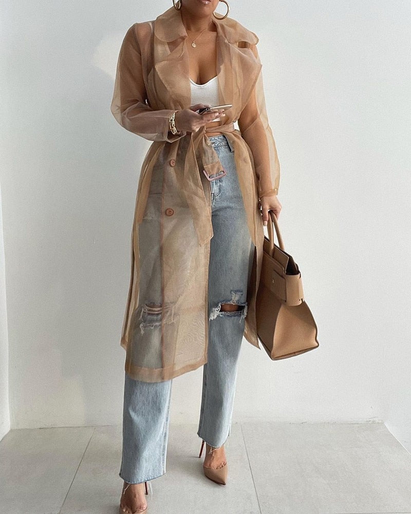 Street-wave Sheer Trench Coat Transparent Outerwear For Fashion Forward Women With Bold Style