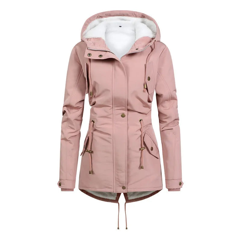 Street Wave Windproof Mid Length Hooded Jacket for Women, Stylish Warm Outerwear with Cozy Lining and Adjustable Hem