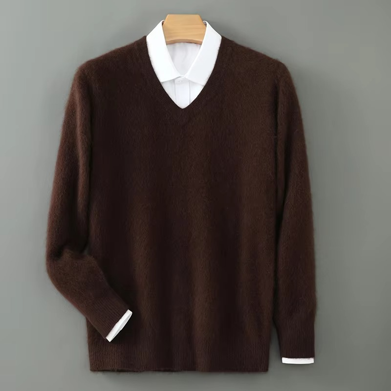 Street-Wave Men's Winter Cashmere Blend V Neck Sweater Loose Fit Plus Size Knitted Pullover For Warmth