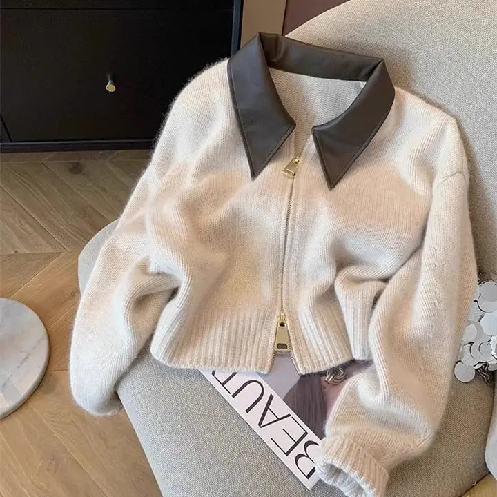 Street-wave Elegant Knit Winter Sweater With Faux Leather Collar For Women Cozy Chic