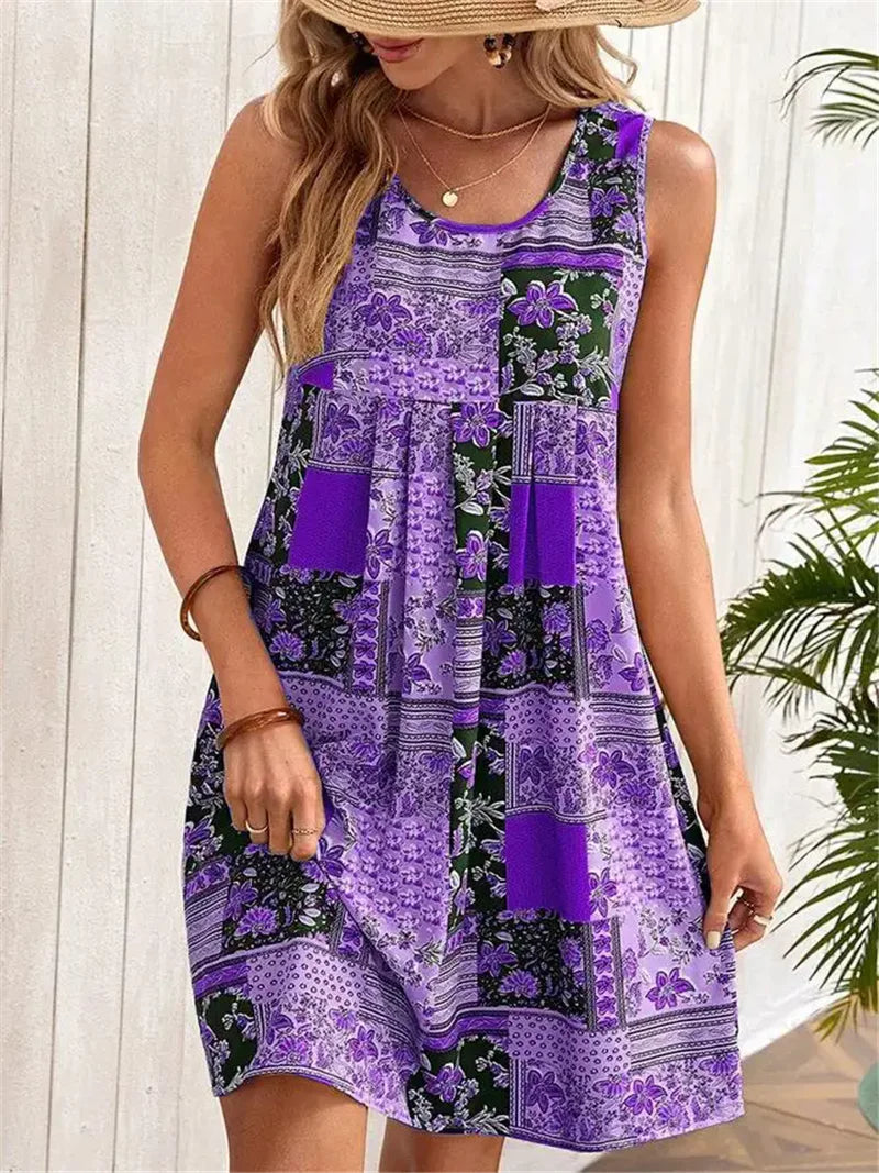 Street-Wave Sleeveless A-Line Dress Women Breezy Patchwork